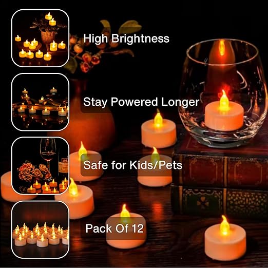 PRESSENCE -  Plastic LED Tealight Candles (Pack of 12), Battery Operated Flameless & Smokeless Decorative Lights for Diwali, Pooja, Christmas, Home & Party Decoration, Warm Yellow Glow