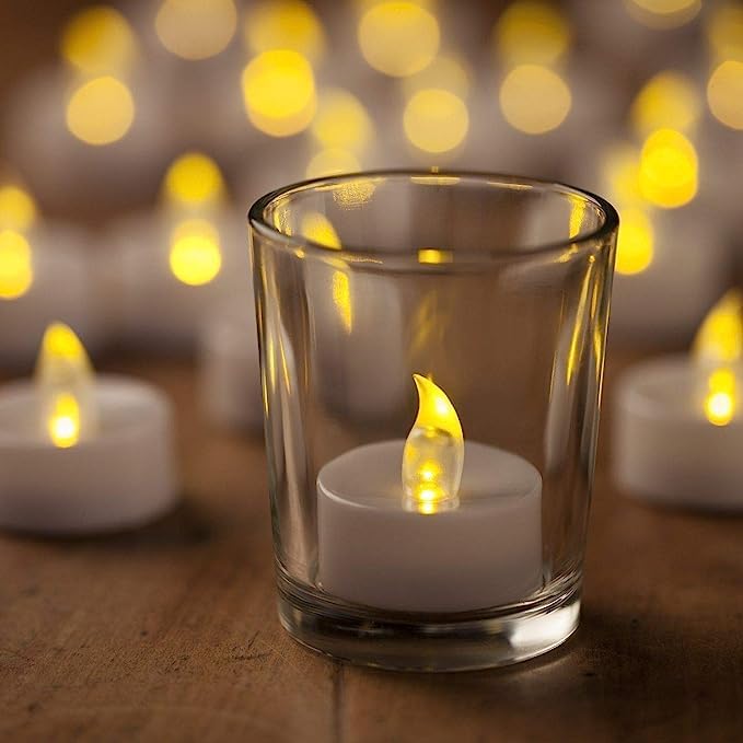 PRESSENCE -  Plastic LED Tealight Candles (Pack of 12), Battery Operated Flameless & Smokeless Decorative Lights for Diwali, Pooja, Christmas, Home & Party Decoration, Warm Yellow Glow